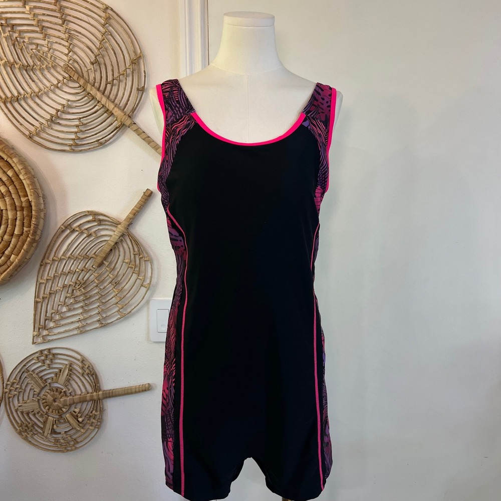 DACI Black Pink Tropical Nylon Spandex Boyleg One Piece Swimsuit 18W